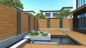 Composite Fencing: The Complete Guide to Durable, Low-Maintenance Privacy Fences for Your Home Composite privacy fence with decorative lattice insert panels in a landscaped courtyard